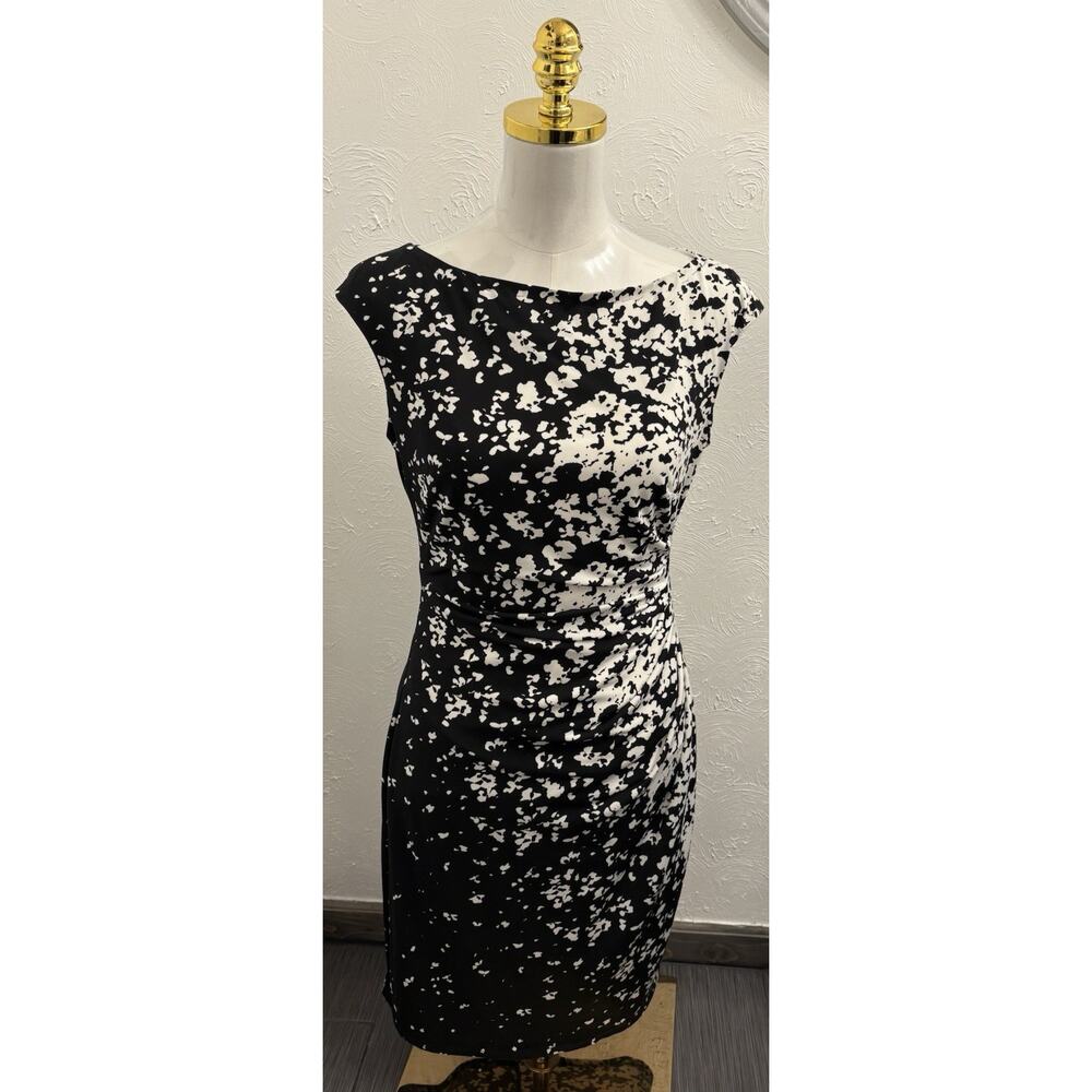 Lauren Ralph Lauren Black/White Floral Knit Dress Ruched Size 8 Lined Stretch